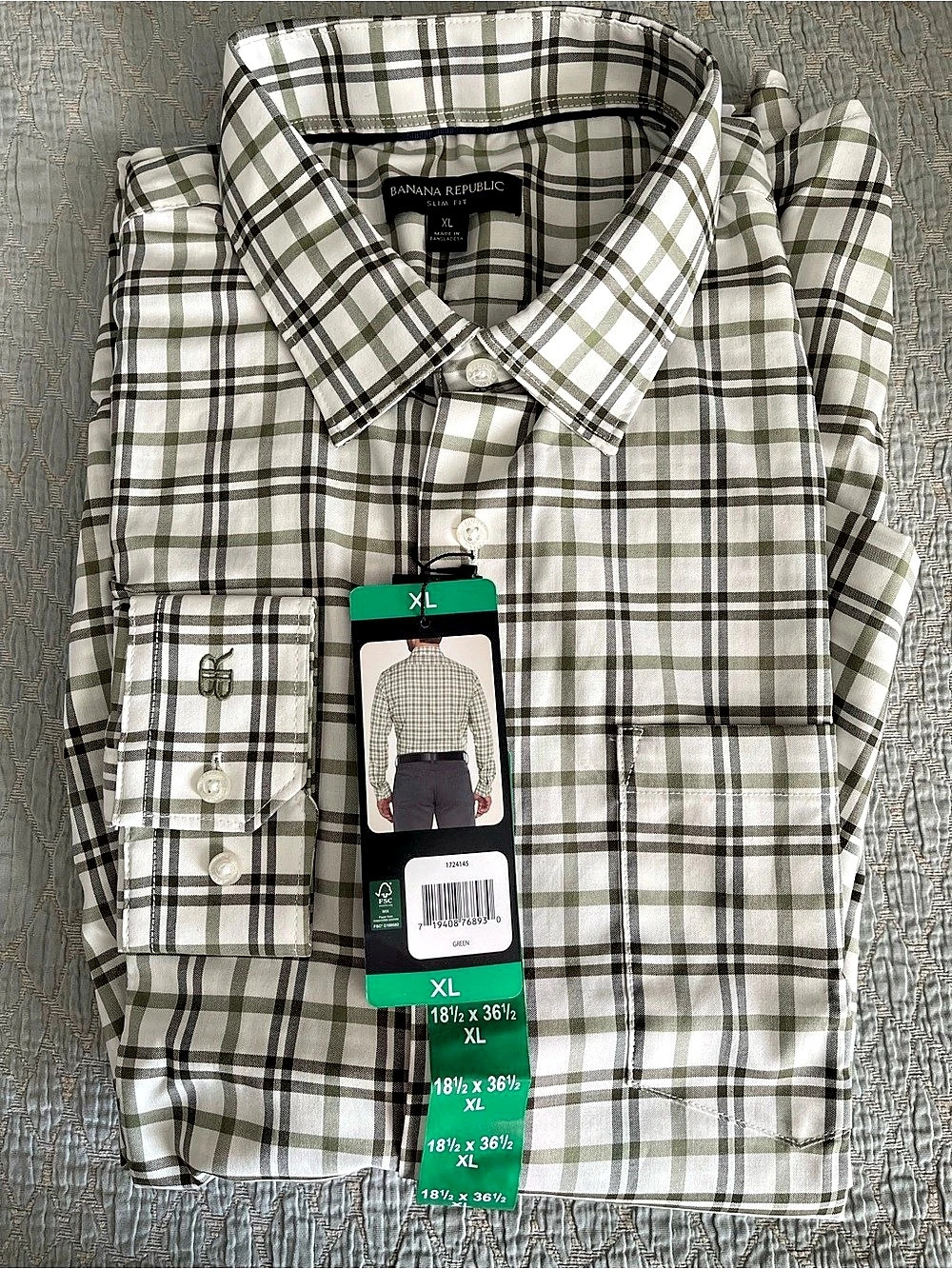 NWT BANANA REPUBLIC MEN’S XL BUTTON DOWN DRESS SHIRT IN GREEN CHECK 18.5x36.5
